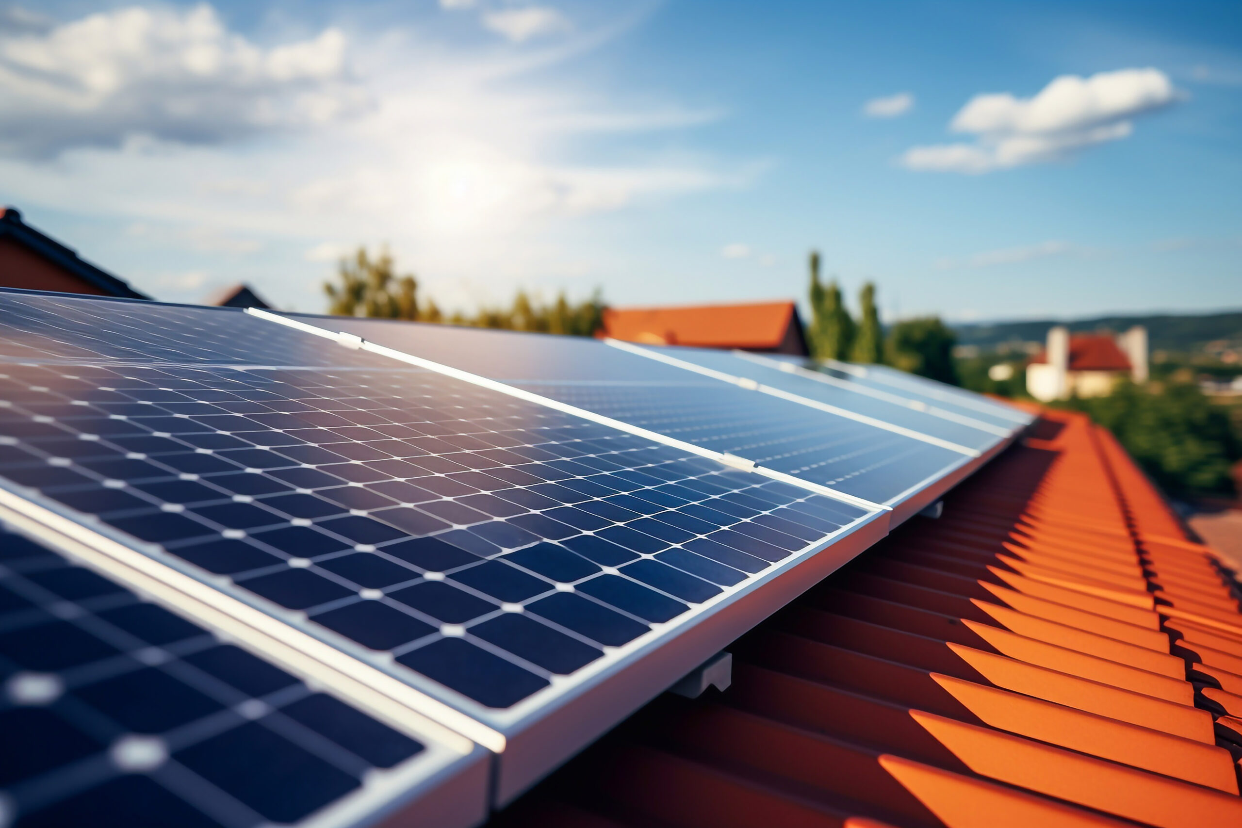 Solar panels on the roof of the house and blue sky